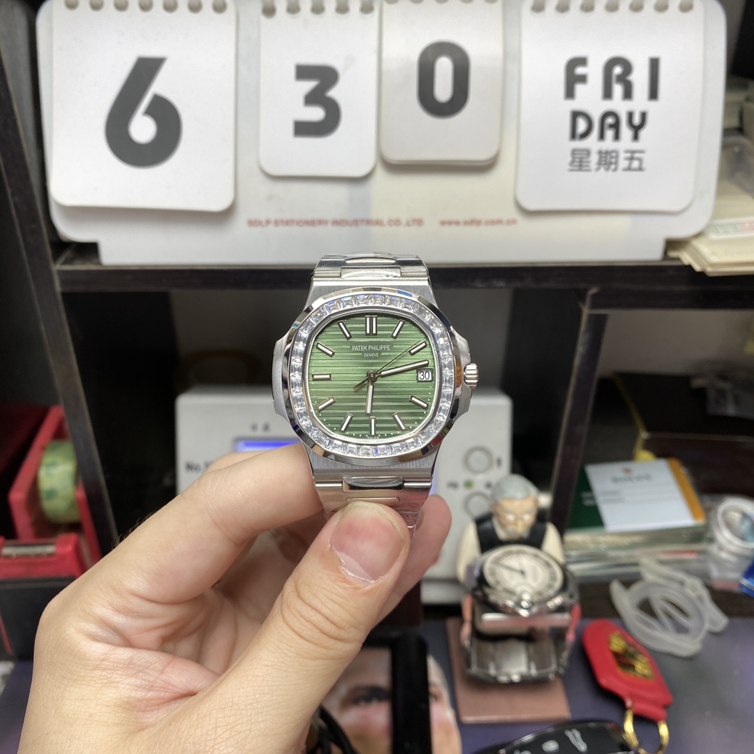 Patek Philippe Nautilus series 57111300A-001, Olive Green Dial with Square Diamond Bezel, 40mm Size.