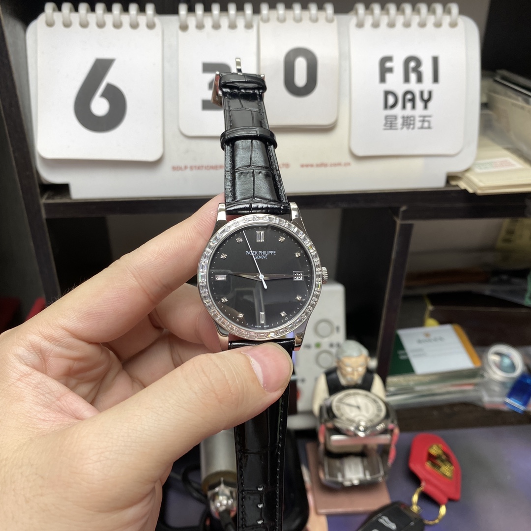 Patek Philippe Classical Watch Series 5298P-012, Black Dial and Square Diamond Bezel Italian Calfskin Leather Strap, 38mm Size.