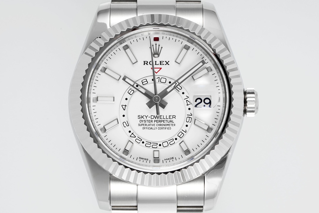 Rolex SKY-DWELLER series white Dial Steel Bracelet ,Month Date and GMT Dual Time Zone Functions, 42mm Size.