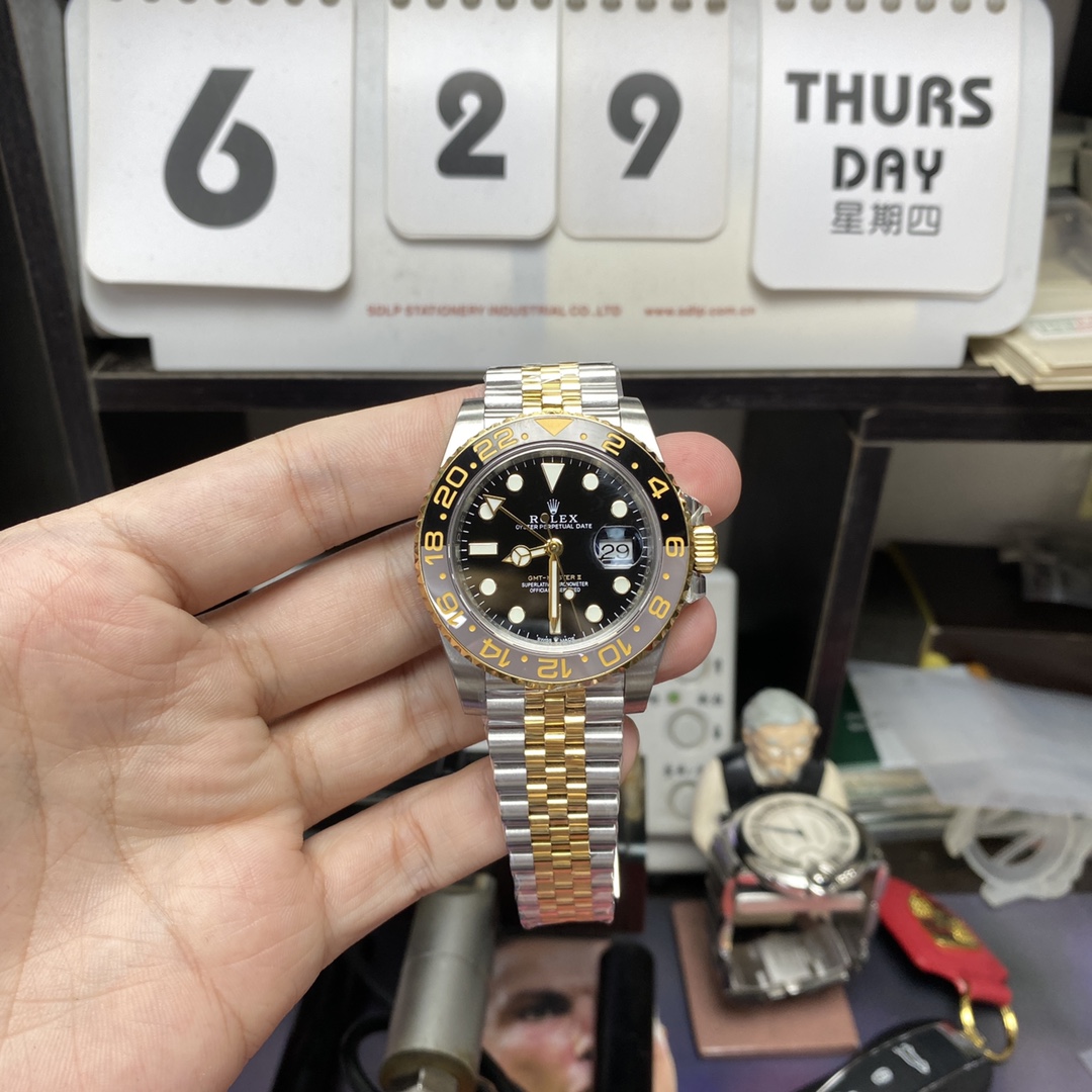 Rolex GMT-Master II series m126713grnr-0001, InterGold Black/Grey Ceramic Bezel InterGold Five-Bead Chain Steel Bracelet, 40mm size.