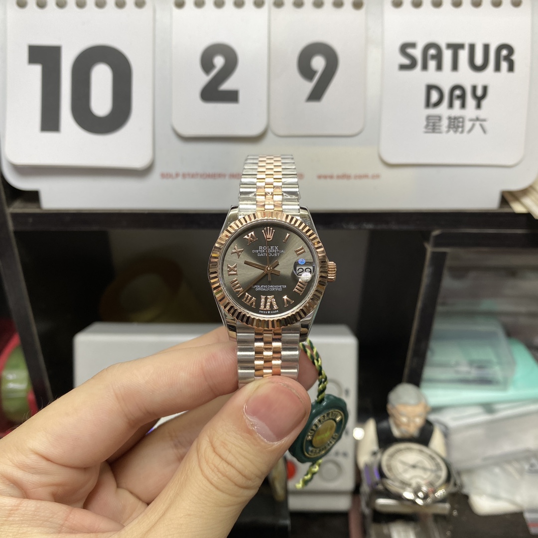 Rolex Datejust Series m278271-0030, Rose Gold and Gray Dial five-bead chain stainless steel bracelet, 31mm size.