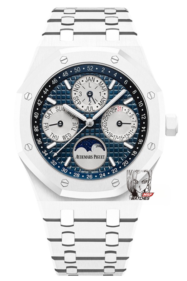 Audemars Piguet Royal Oak Offshore Series 26579CB.OO.1225CB.01, White Ceramic Blue Dial Full Ceramic Case Complete, Date Day Month Moon Phase Functions, 41mm size.