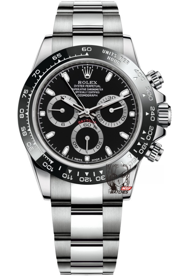 Rolex Cosmograph Daytona Series m116500ln-0002, black panda color scheme, 40mm size.