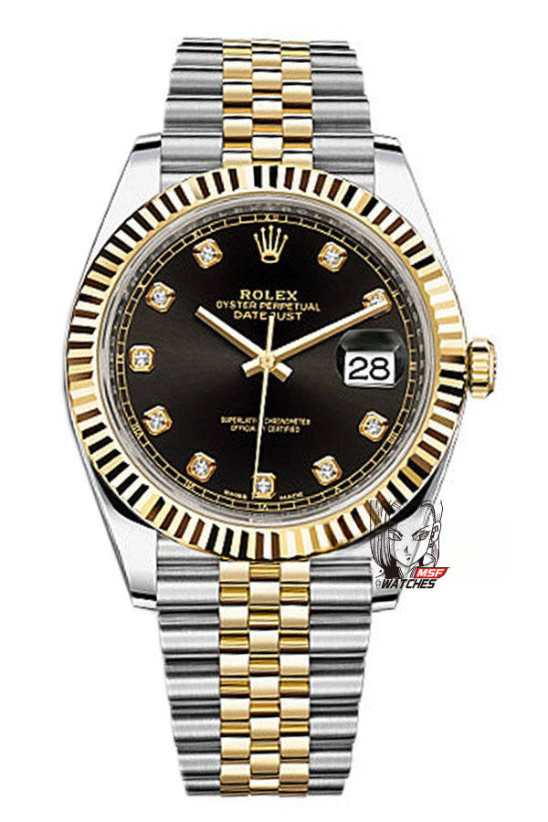 Rolex Datejust series m126333-0006, two-tone gold case black dial with diamond markers and a five-link two-tone gold bracelet, 41mm size.