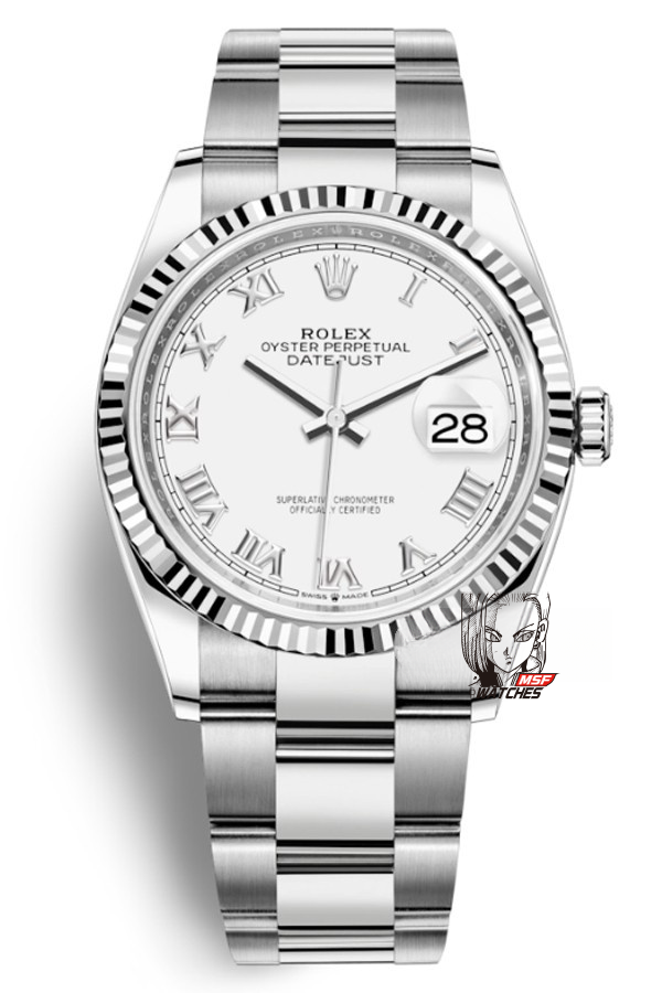 Rolex Datejust series m126234-0026, White Dial Roman Numerals, 36mm Size.
