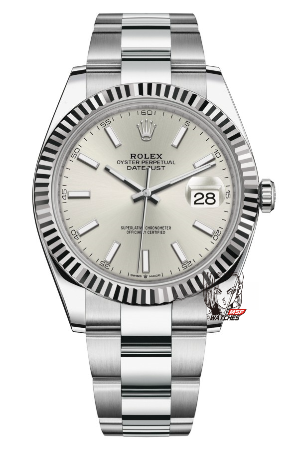 Rolex Datejust Series m126334-0003, White Case Silver Baton Hour Markers Fluted Bezel, 41mm Size.