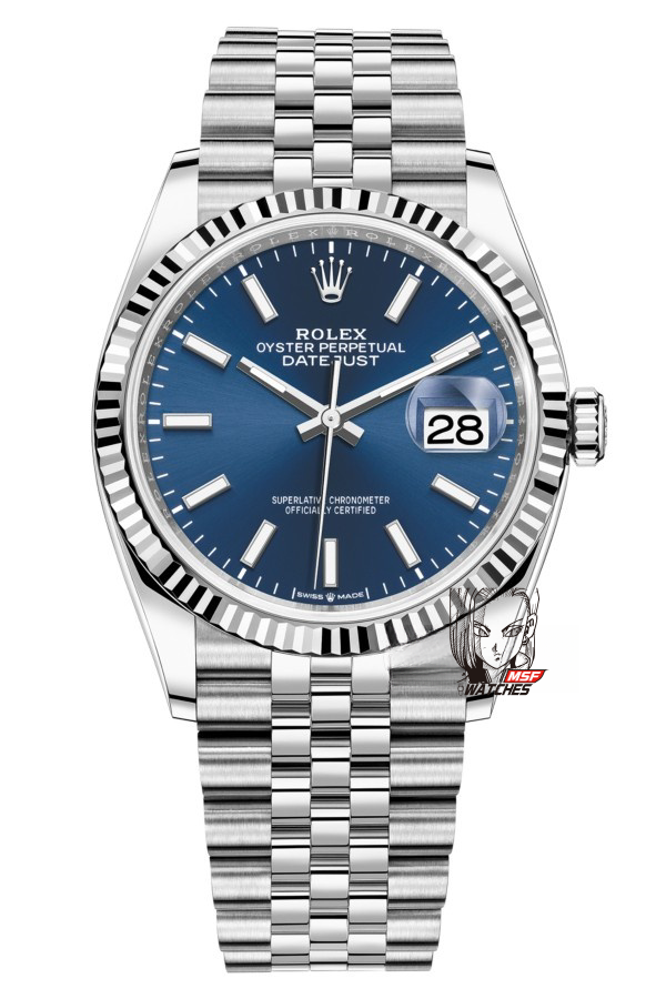 Rolex Datejust Series m126234-0017, Blue Dial with Fluted Bezel, 36mm size, Jubilee stainless steel bracelet.