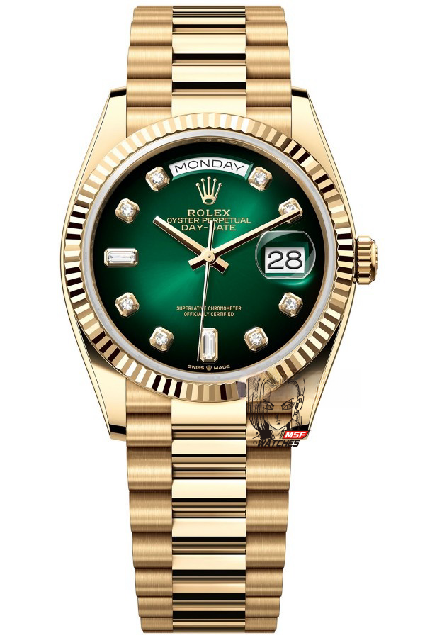 Rolex Day-Date series m128238-0069, Full Gold with Green Dial Diamond Hour Markers, 36mm Size.