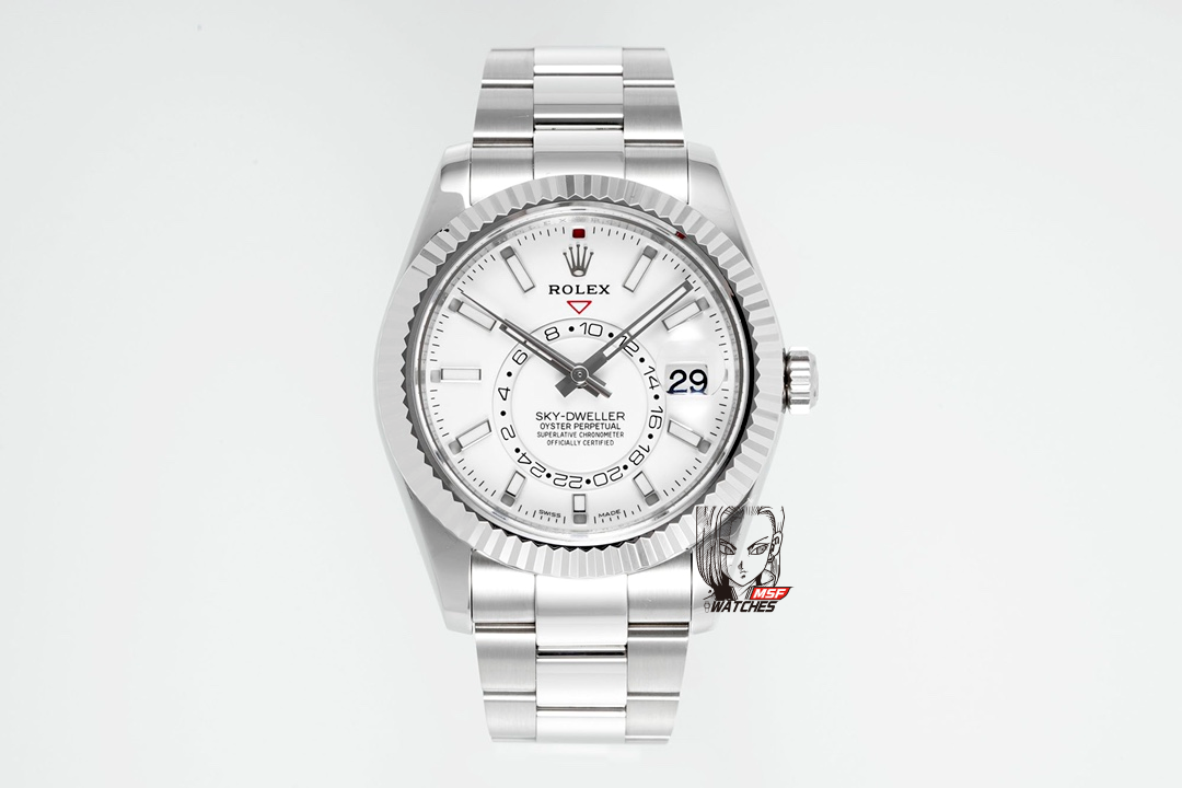 Rolex SKY-DWELLER series white Dial Steel Bracelet ,Month Date and GMT Dual Time Zone Functions, 42mm Size.