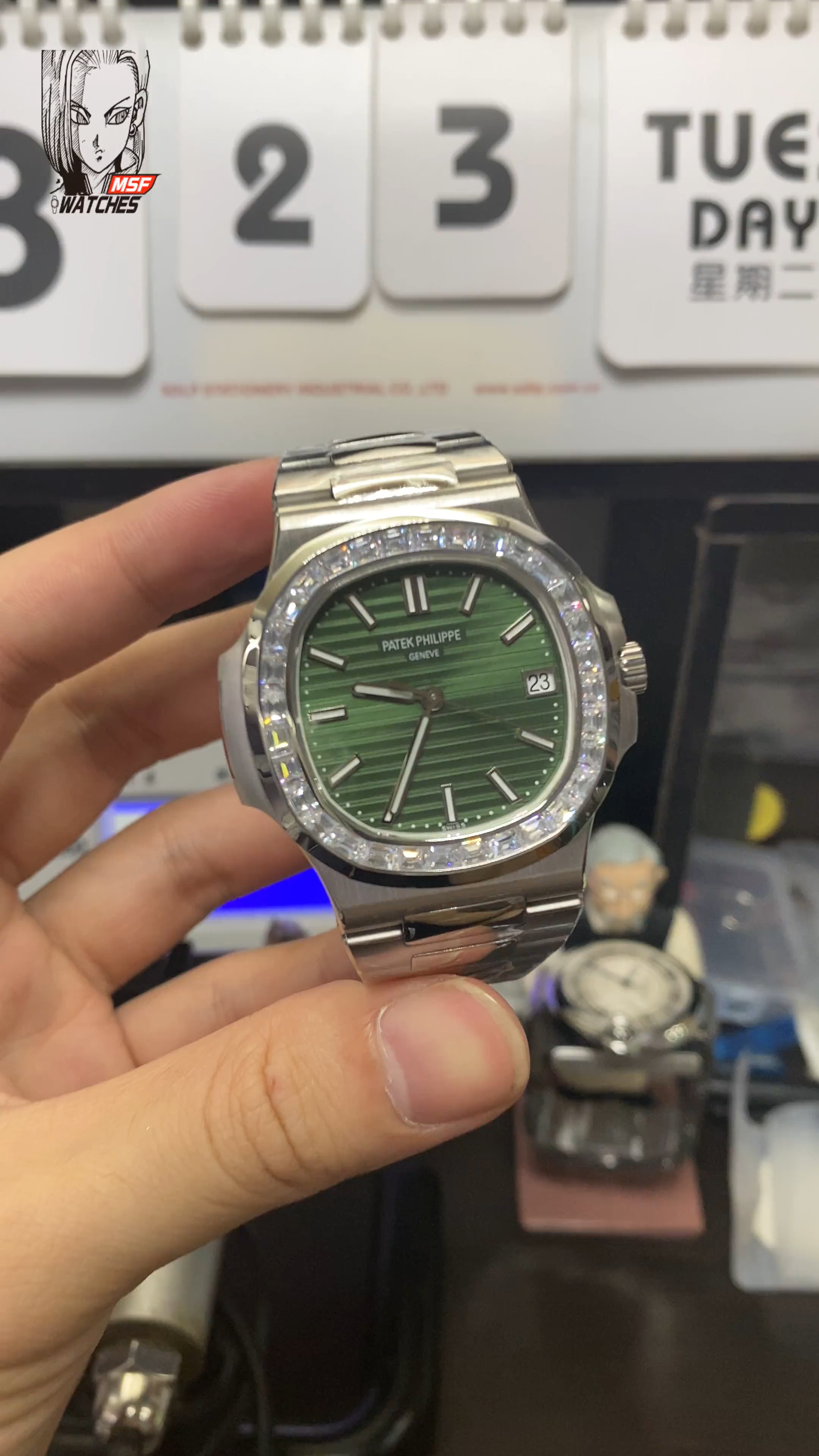 Patek Philippe Nautilus series 57111300A-001, Olive Green Dial with Square Diamond Bezel, 40mm Size.