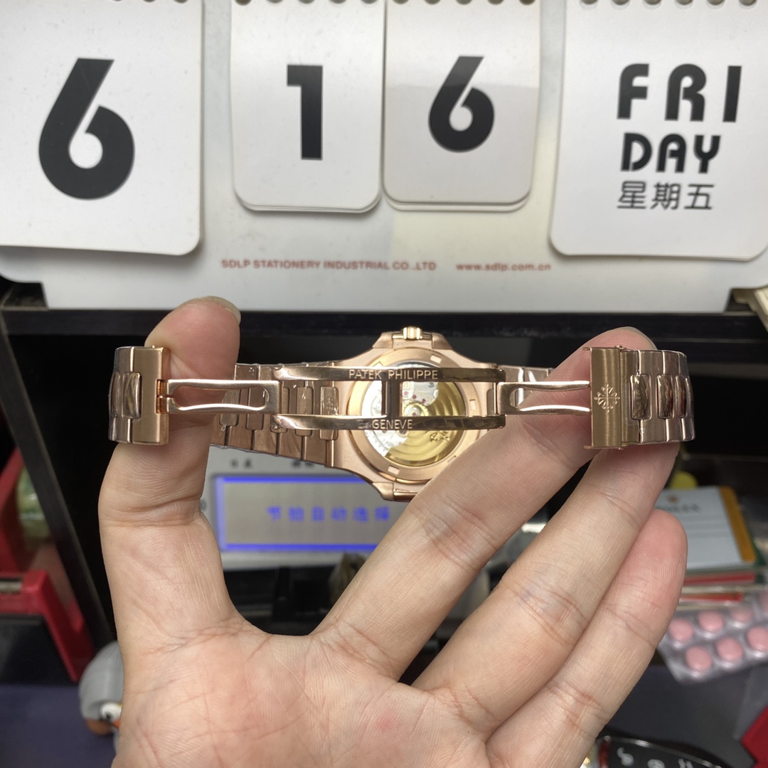 Patek Philippe Nautilus series 57131G-010, Rose Gold with Coffee Dial and Square Diamond Bezel, 40mm Size.