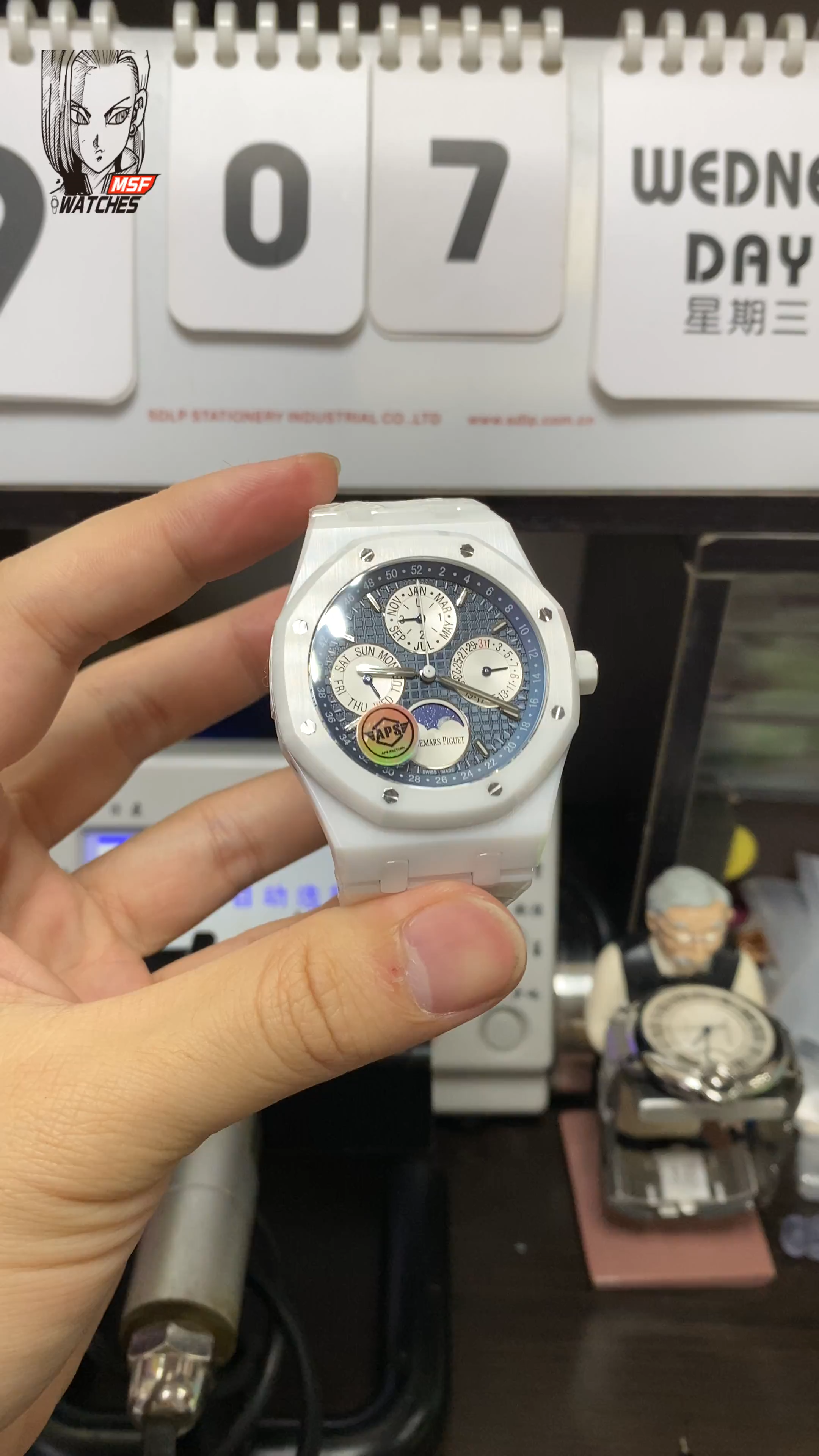 Audemars Piguet Royal Oak Offshore Series 26579CB.OO.1225CB.01, White Ceramic Blue Dial Full Ceramic Case Complete, Date Day Month Moon Phase Functions, 41mm size.