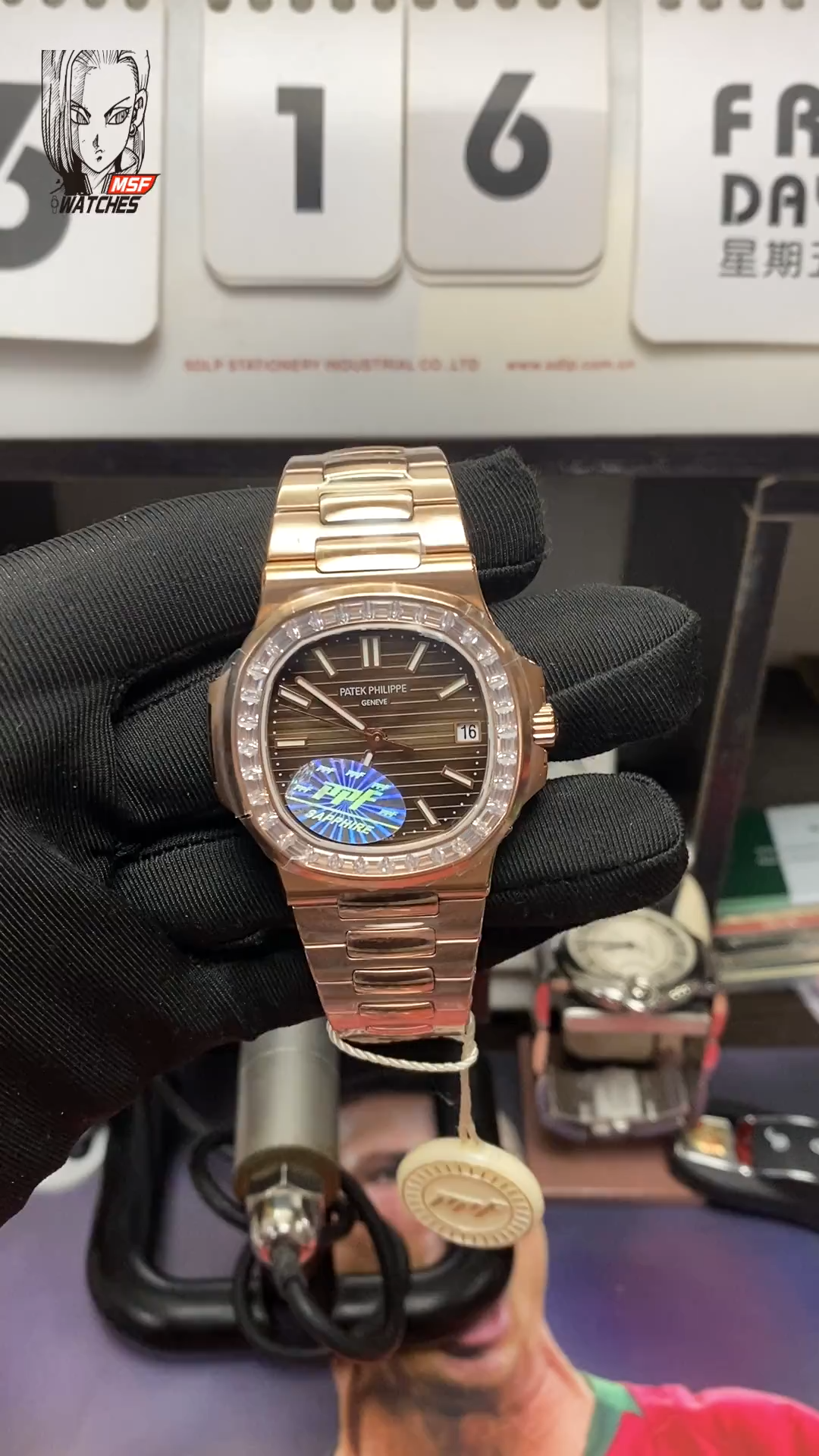 Patek Philippe Nautilus series 57131G-010, Rose Gold with Coffee Dial and Square Diamond Bezel, 40mm Size.