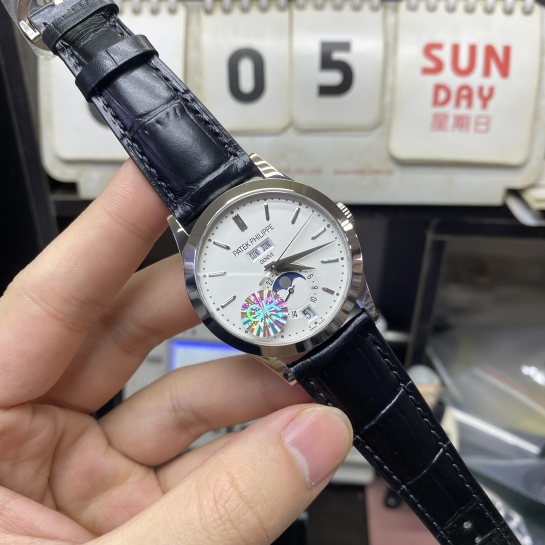 Patek Philippe Complicated Chronograph Series 5396G-011, white dial, Day Month Date and Moon Phase Complications function, 38.5mm Size.