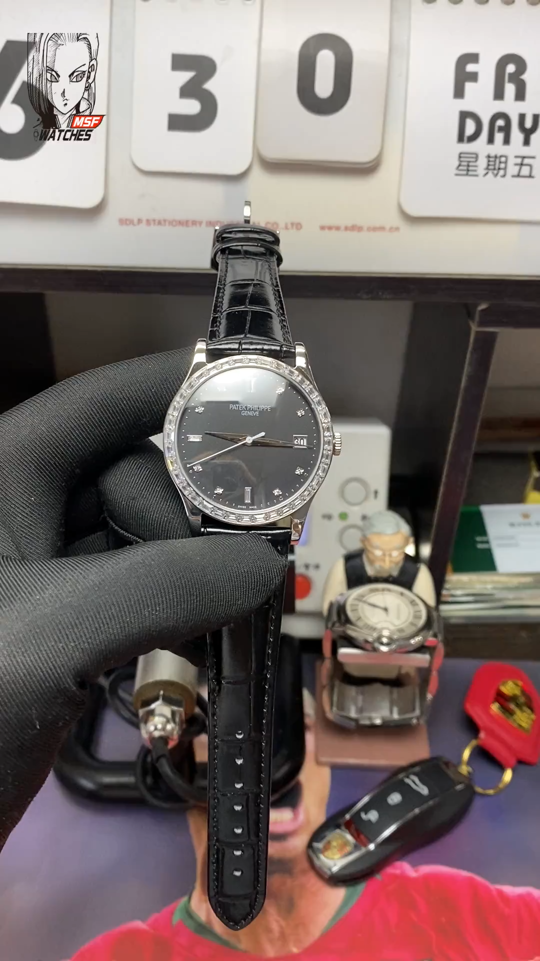 Patek Philippe Classical Watch Series 5298P-012, Black Dial and Square Diamond Bezel Italian Calfskin Leather Strap, 38mm Size.