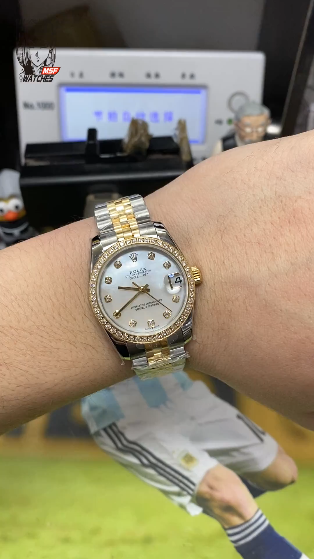 Rolex Datejust Series m278383rbr-0028, Two-Tone Gold Case with Mother-of-Pearl Dial and Diamond Bezel, 31mm size, Jubilee stainless steel bracelet.