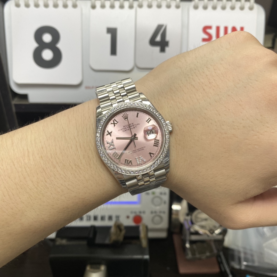Rolex Datejust Series m126234-0031, Pink Dial Roman Numeral Markers Diamond Bezel, 36mm Size.