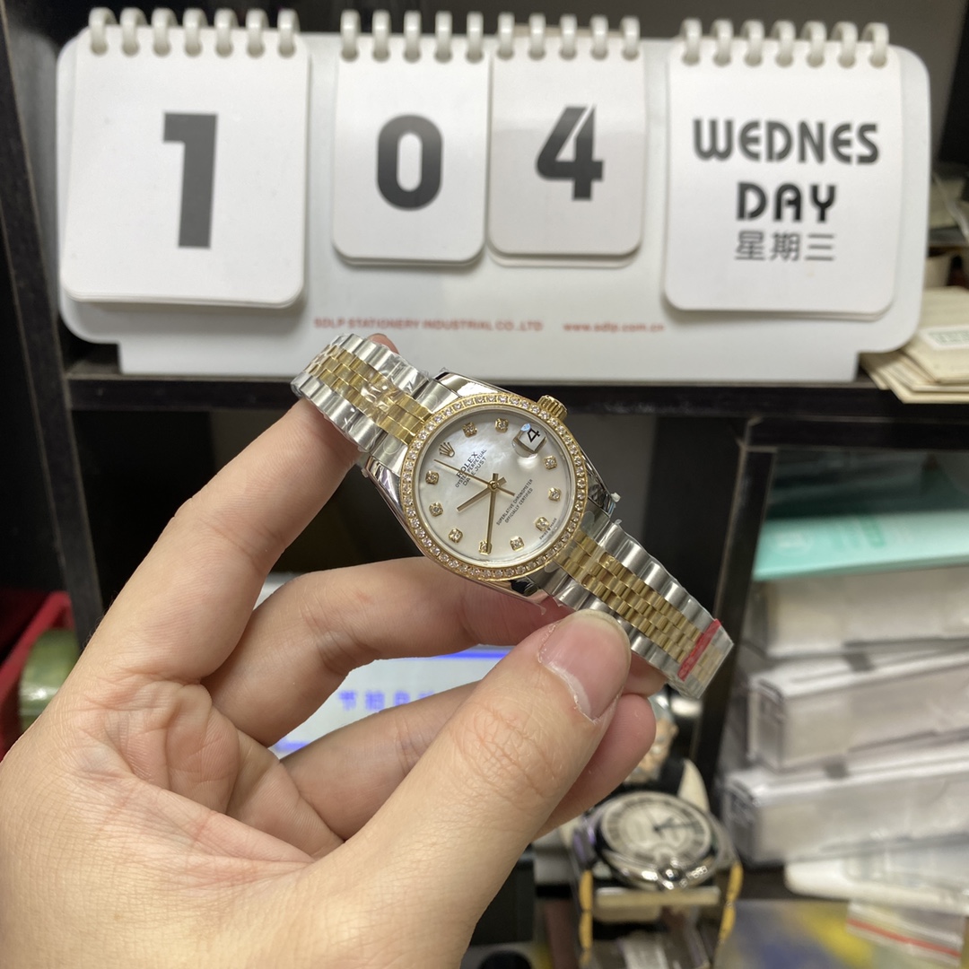 Rolex Datejust Series m278383rbr-0028, Two-Tone Gold Case with Mother-of-Pearl Dial and Diamond Bezel, 31mm size, Jubilee stainless steel bracelet.
