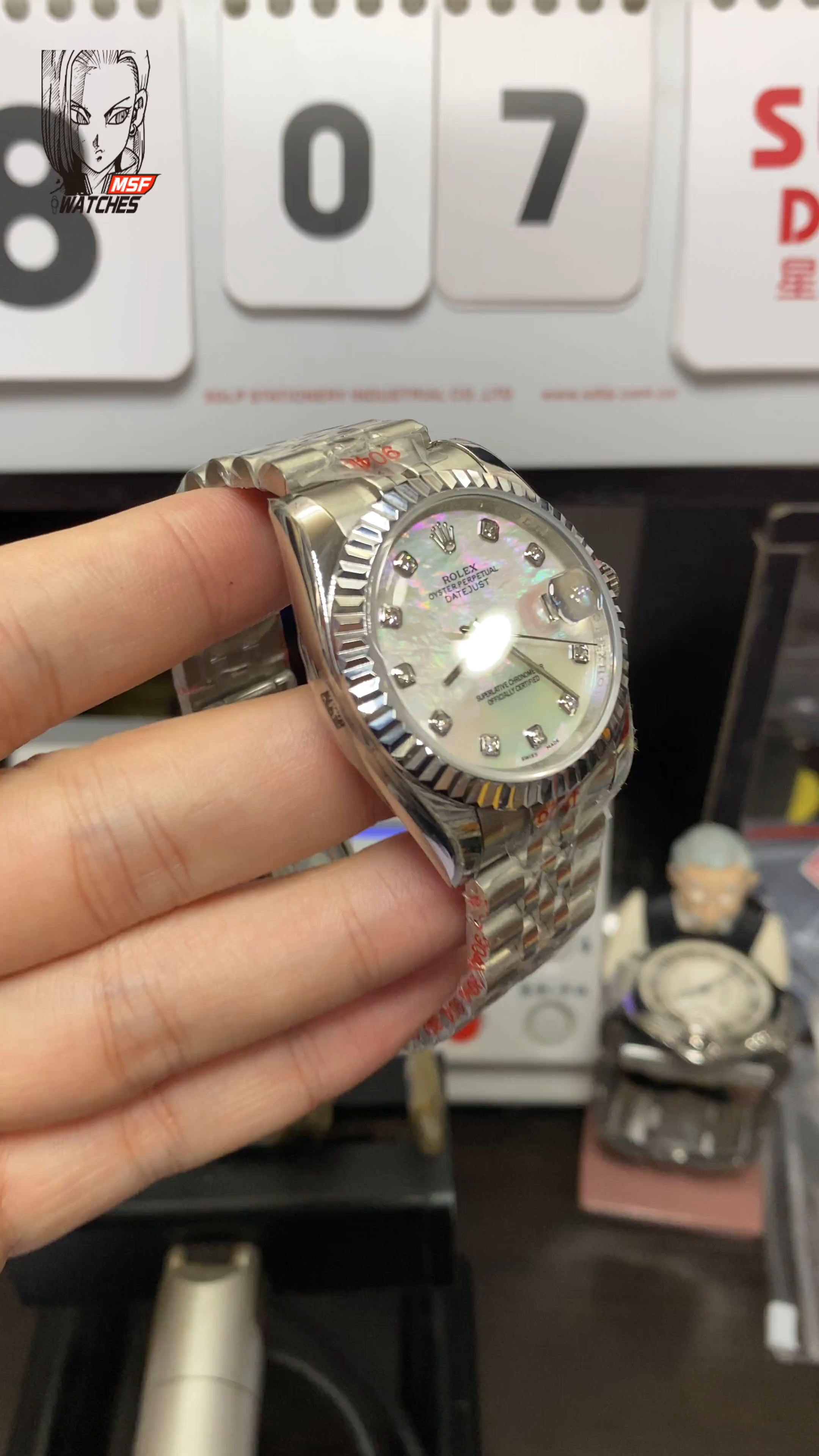 Rolex Datejust Series m126234-0019, White Mother-of-Pearl Dial with Diamond Hour Markers, 36mm size, Jubilee stainless steel bracelet.