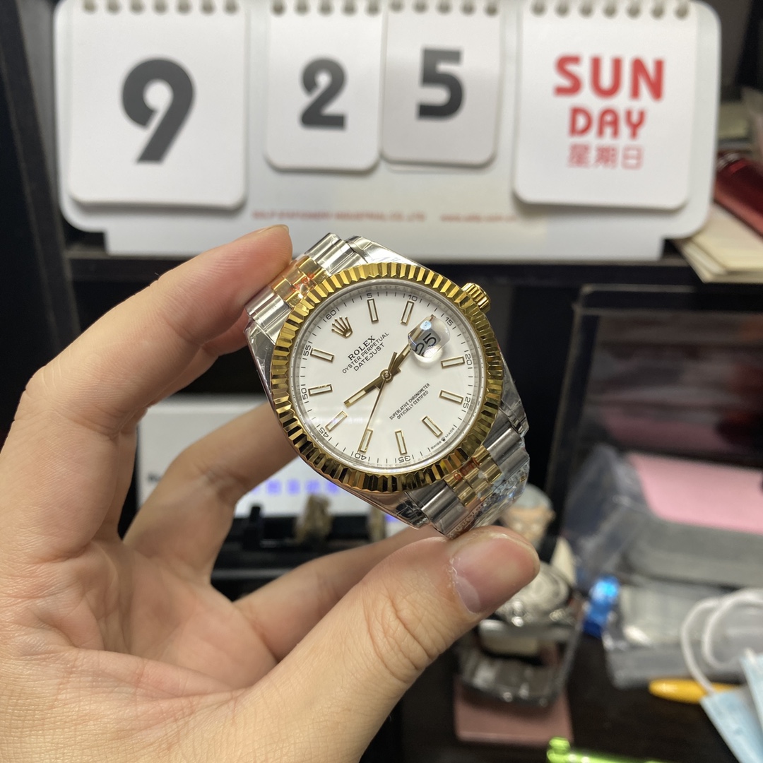 Rolex Datejust series m126333-0016, Two-Tone Gold Case White Dial with Stick Hour Markers, 41mm size.