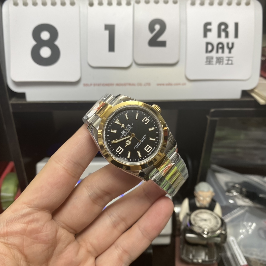 Rolex Explorer I GMT series M124273-0001, Black Dial Two-Tone, 36mm size.