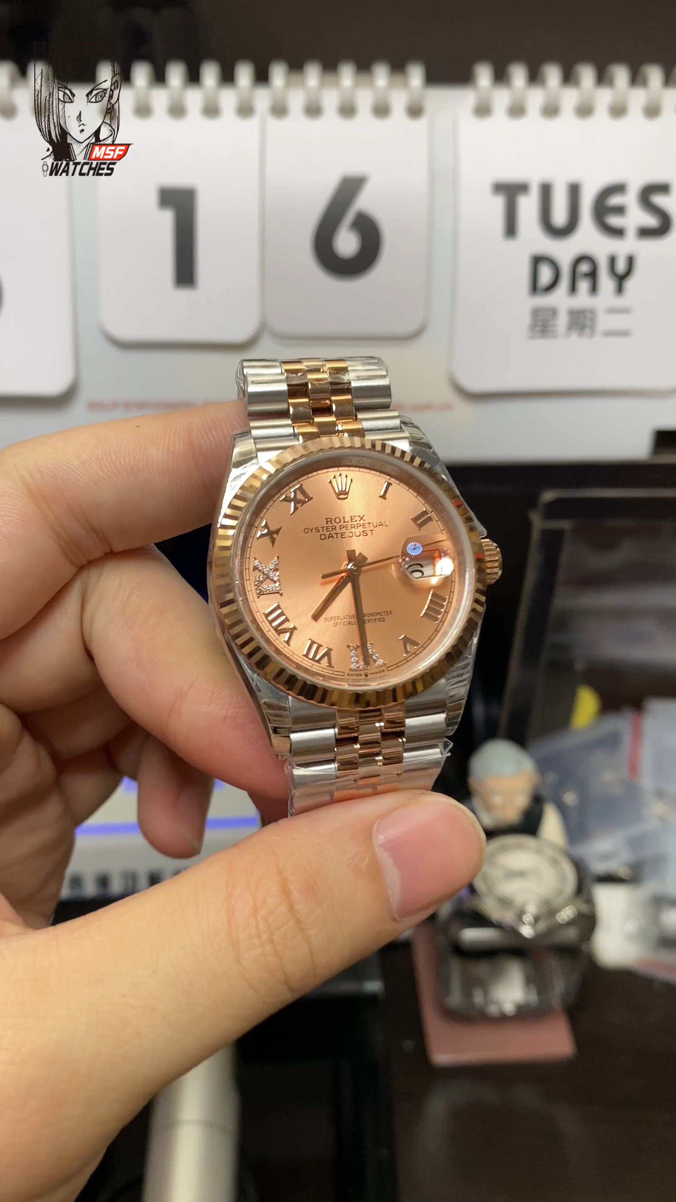 Rolex Datejust Series m126231-0027, Rose Red Dial Everose Gold Case Roman Numerals Five-Piece Link Jubilee Bracelet, 36mm Size.