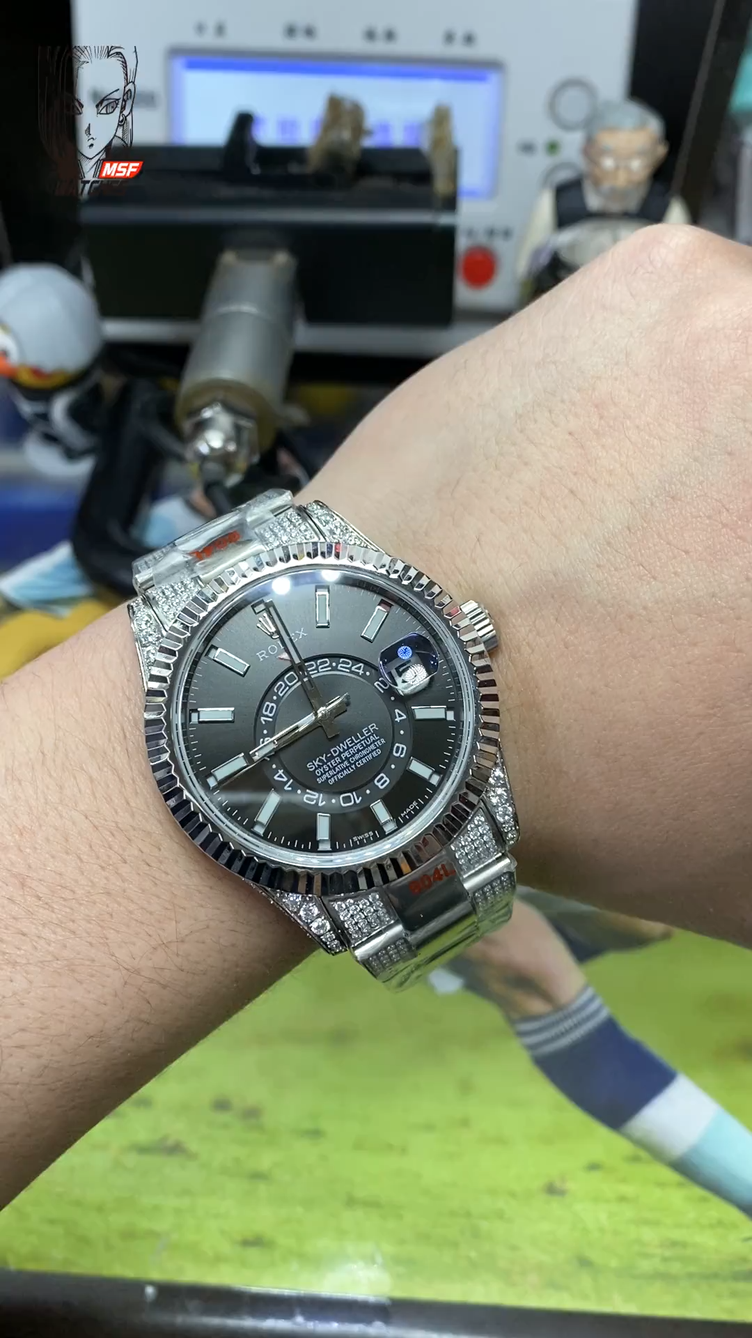 Rolex SKY-DWELLER series Black/BLUE Dial, FULL diamond case,  ,Month Date and GMT Dual Time Zone Functions, 42mm Size.