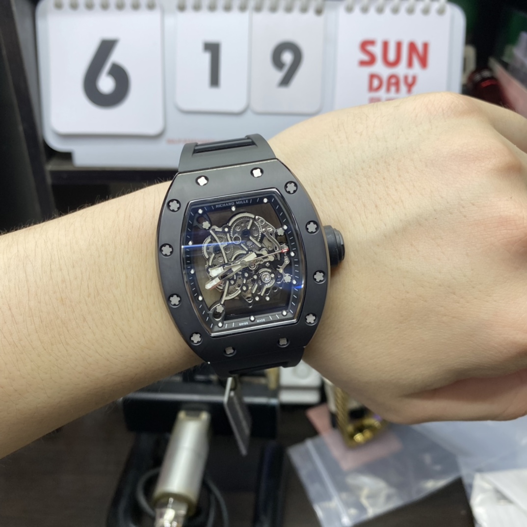 Richard Mille Men's Collection series RM055, Black Ceramic Case with Skeletonized Movement Design, 49.90 x 42.70mm size.