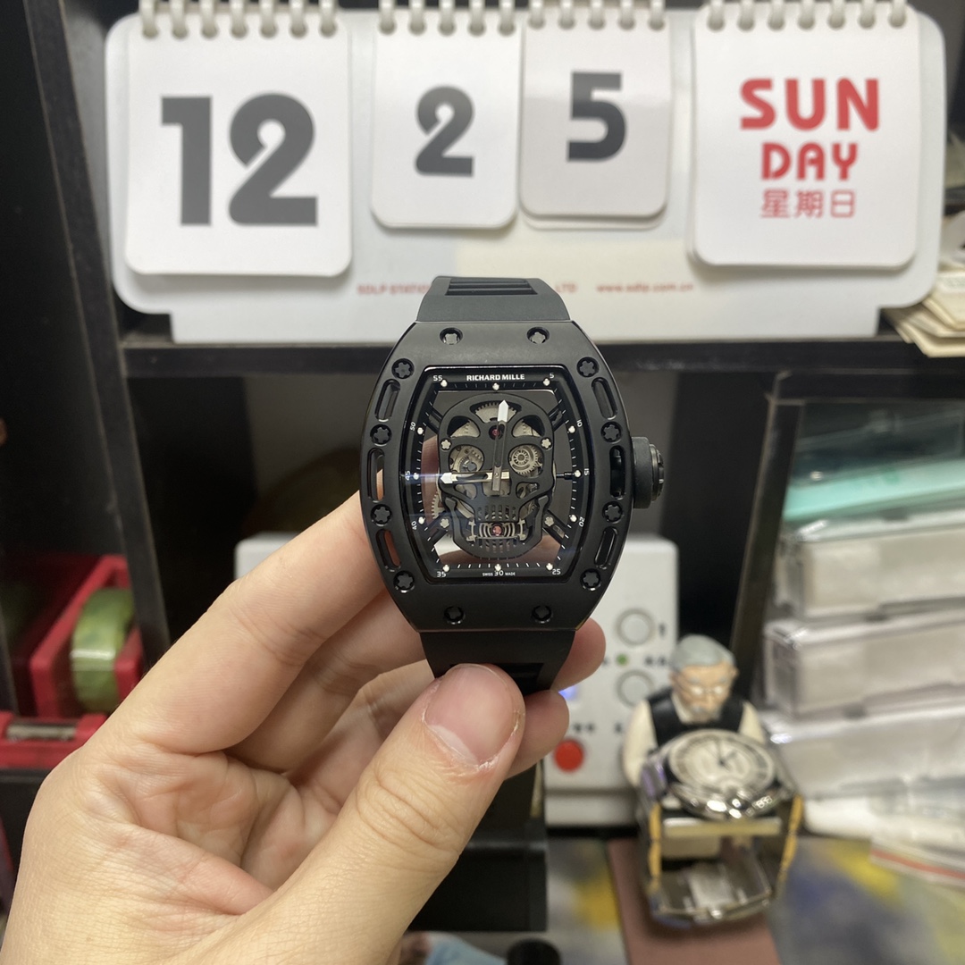 Richard Mille Men's Collection series RM052, Skull Design Black Case Rubber Strap, 42.7×50mm size.