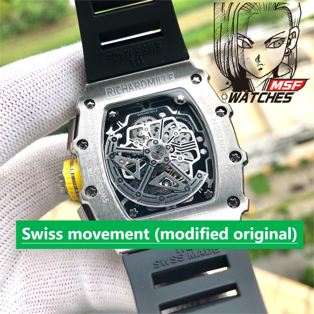 Richard Mille Men's Collection series RM055, Black Ceramic Case with Skeletonized Movement Design, 49.90 x 42.70mm size.