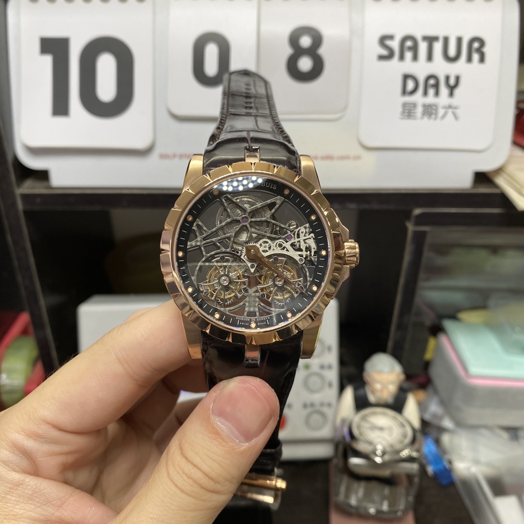 Roger Dubuis Royal Oak Series RDDBEX0395, Rose Gold Case All Hollowed Out with American Alligator Leather Strap, 45mm Size.