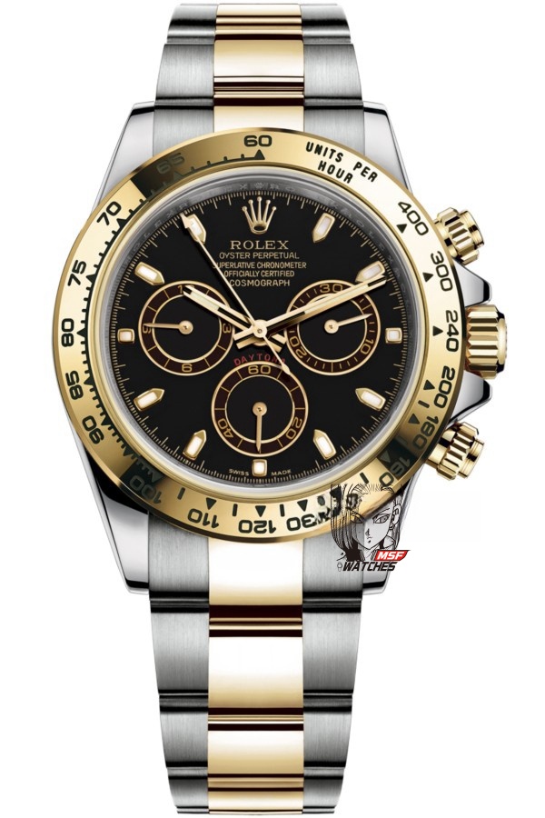 Rolex Cosmograph Daytona Series m116503-0004, two-tone gold case black dial, 40mm size.