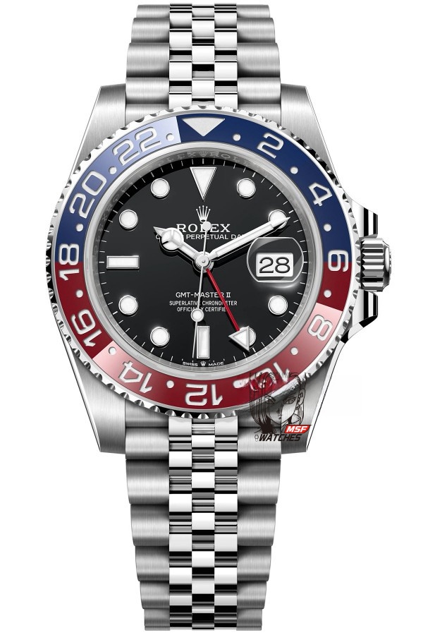 Rolex GMT-Master II series m126710blro-0001, Pepsi bezel features a five-link Jubilee bracelet a red and blue ceramic bezel a black dial and a red GMT hand, 40mm size.