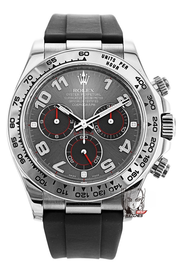 Rolex Cosmograph Daytona Series 116519-0104, Grey Dial with Red Hands Roman Numerals, 40mm size.