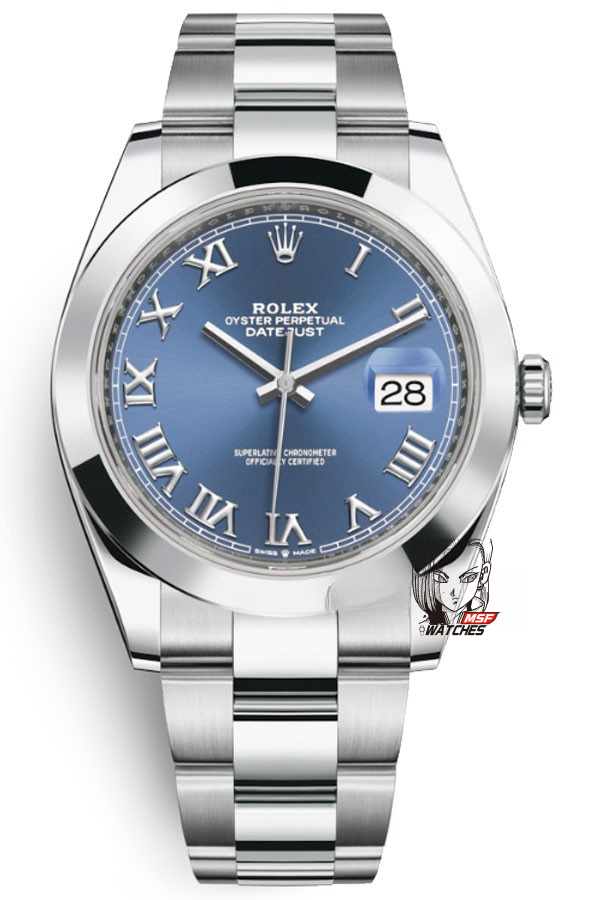 Rolex Datejust series m126300-0017, blue dial featuring Roman numeral markers, 41mm size.
