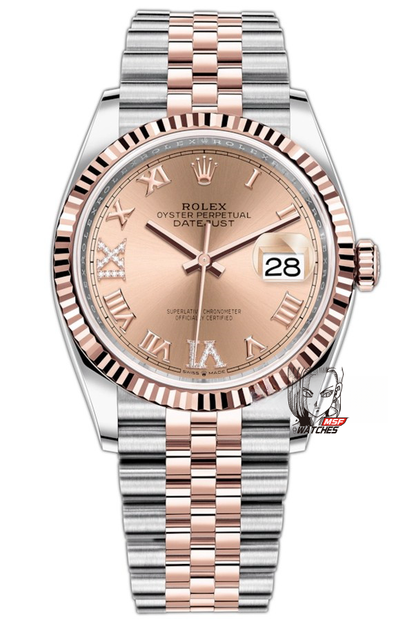 Rolex Datejust Series m126231-0027, Rose Red Dial Everose Gold Case Roman Numerals Five-Piece Link Jubilee Bracelet, 36mm Size.