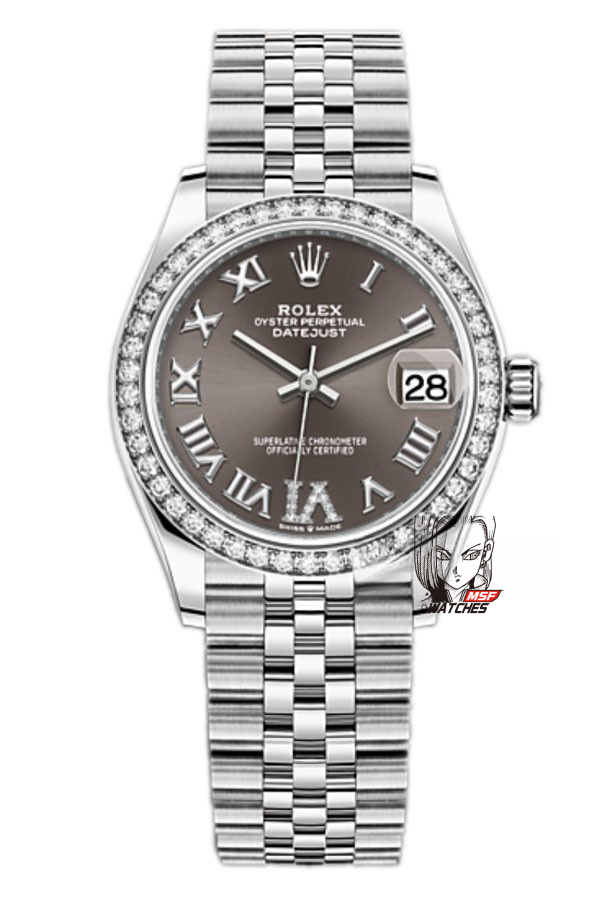 Rolex Datejust Series m278384rbr-0032, Grey Dial with Diamond Bezel and Roman Numerals, 31mm size, Jubilee stainless steel bracelet.
