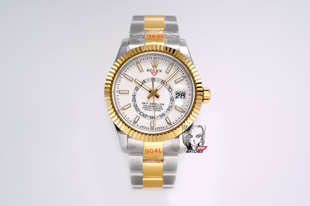 Rolex SKY-DWELLER series white Dial 18k gold brezel,  18k gold-Steel Bracelet ,Month Date and GMT Dual Time Zone Functions, 42mm Size.