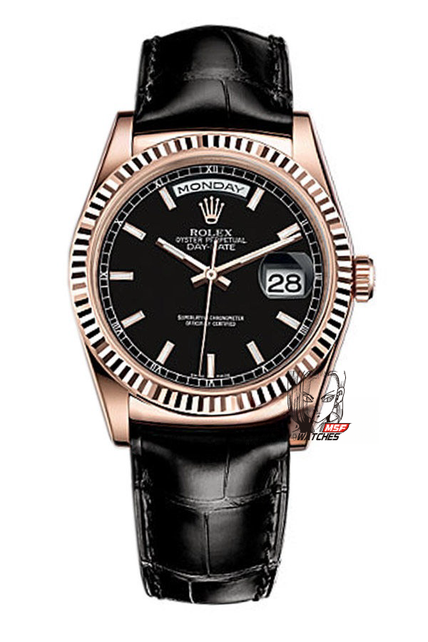 Rolex Day-Date Series 118135, Black Dial Gold Case with a leather strap, 36mm size.