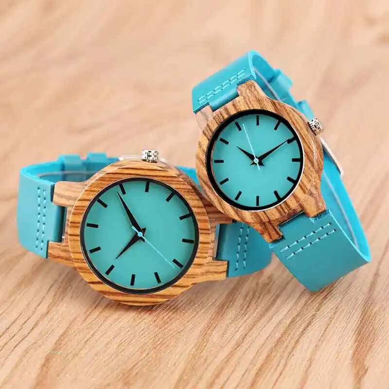 HAND-MADE Top Luxury Royal Blue Wood Watch Quartz Wristwatch 100% Natural Bamboo Clock Fashion Leather Valentine's Day Best Gifts 2020 NEW