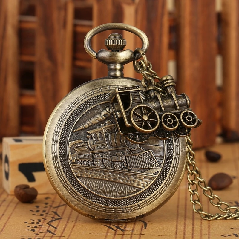 Bronze Train Locomotive Engine Quartz Pocket Watch Retro Necklace Pendant Chain Best Gifts for Men Women with Train Accessory