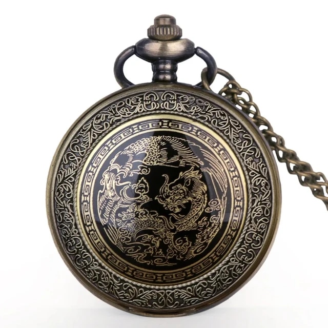 Vintage Bronze Chinese Style Dragon Design Quartz Pocket Watch With Necklace Chain Best Gift CF1039