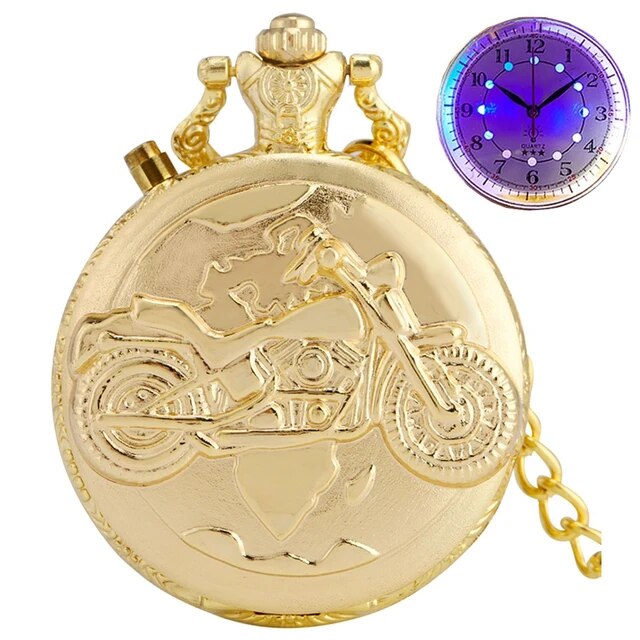 Retro Motorcycle CAR Pattern Quartz Pocket Watch Luminous LED Flash Motorbike MOTO Design Pendant Fob Watch Chain Gifts for Men