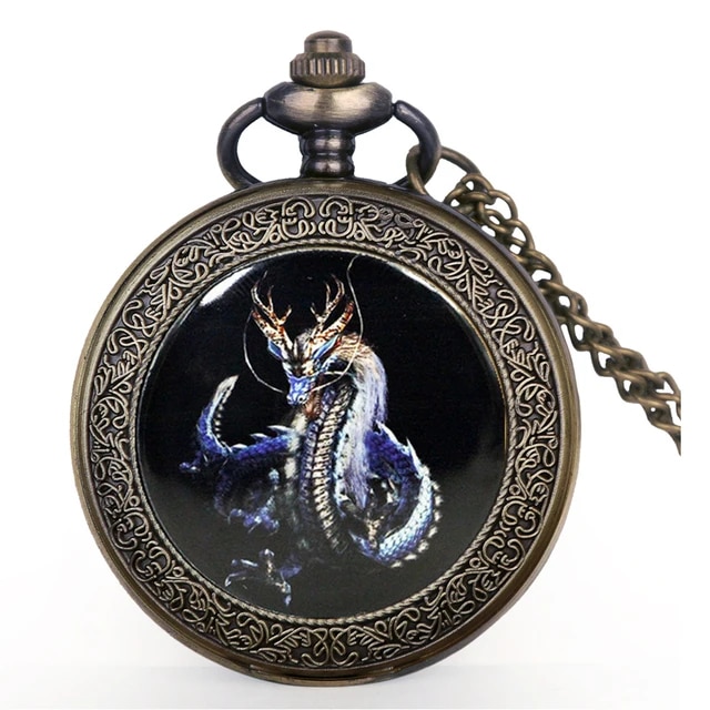 Vintage Bronze Chinese Style Dragon Design Quartz Pocket Watch With Necklace Chain Best Gift CF1039
