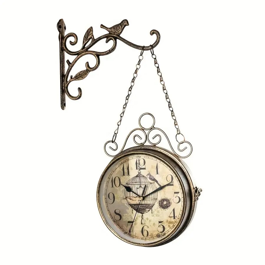 Double Sided Wall Clock Iron Art Clock Living Room Retro Clock Metal Round Battery Powered Silent Clock, Photo Props