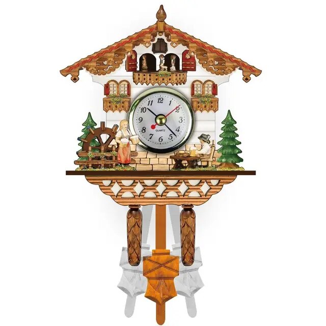Clock Wall Wooden Wood Pendulum Vintage Clocks Cuckoo Kids Bird Hanging Retro 3D Chiming Decor Forest Silent Decorative Room