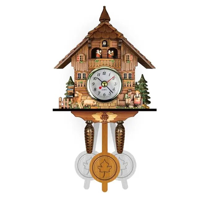 Clock Wall Wooden Wood Pendulum Vintage Clocks Cuckoo Kids Bird Hanging Retro 3D Chiming Decor Forest Silent Decorative Room