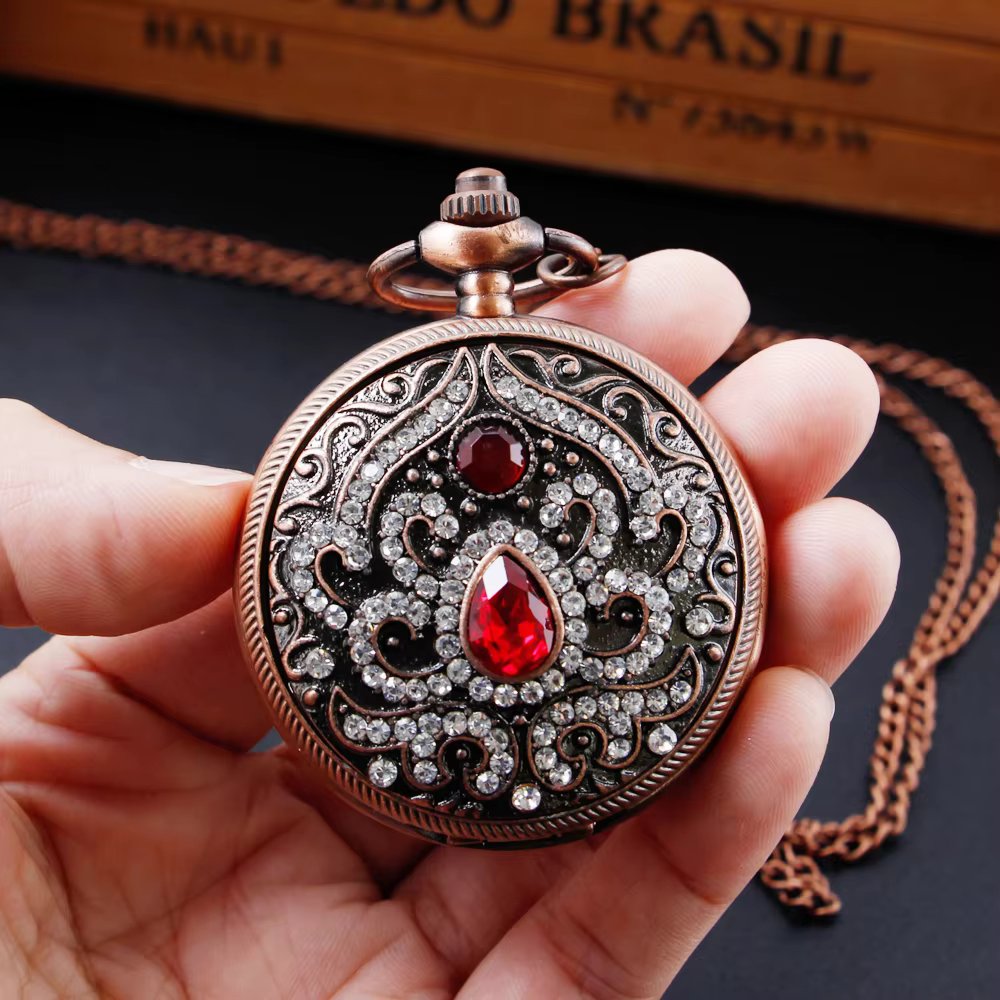 Antique Vintage Pocket Watch Personalized Multi Diamond Multi Color Design Necklace Quartz Clock Women's Unisex Gift Souvenir