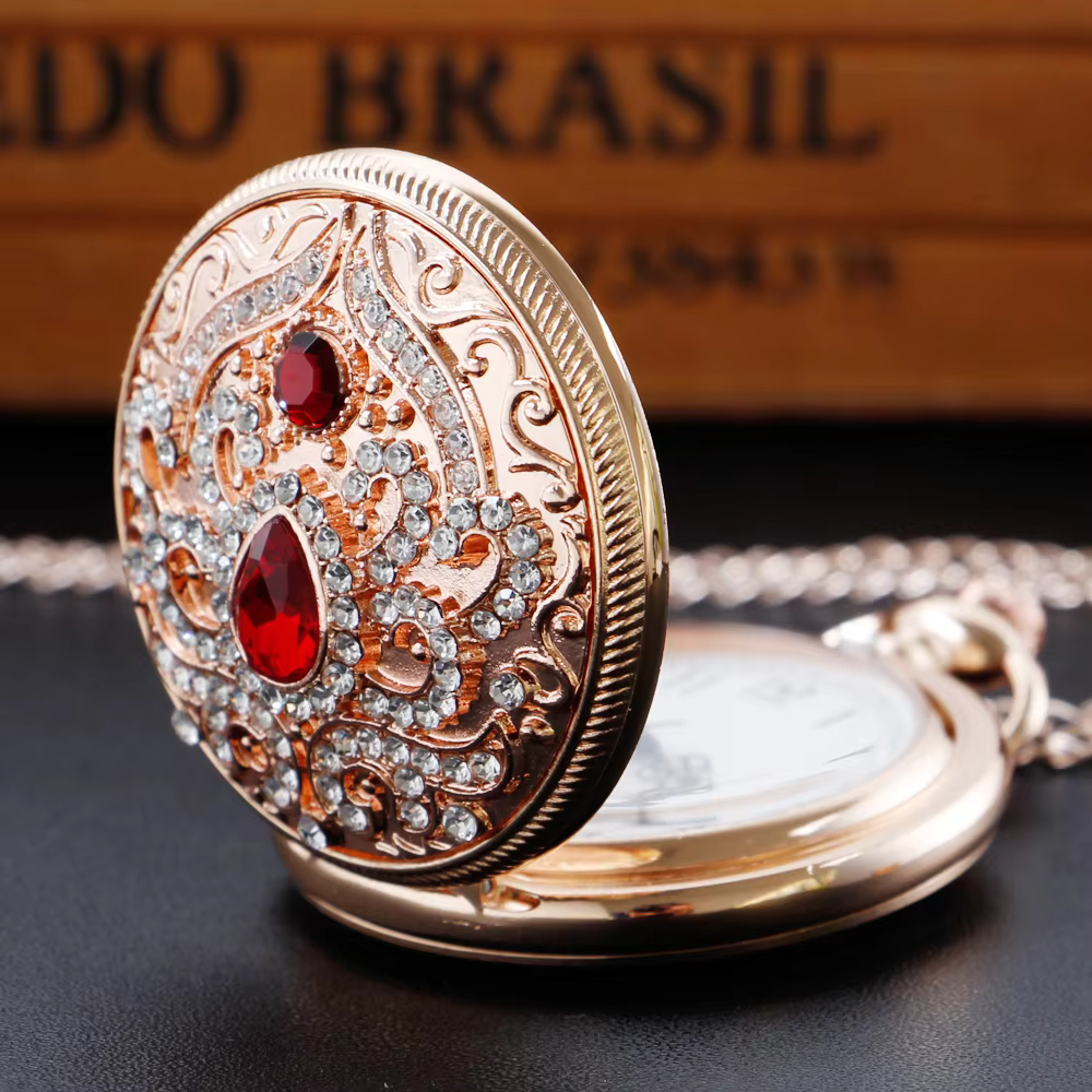 Gold Diamond Design Fashion Quartz Pocket Watch Women's Retro Jewelry Necklace Birthday Timepiece Anniversary Gift XH1007