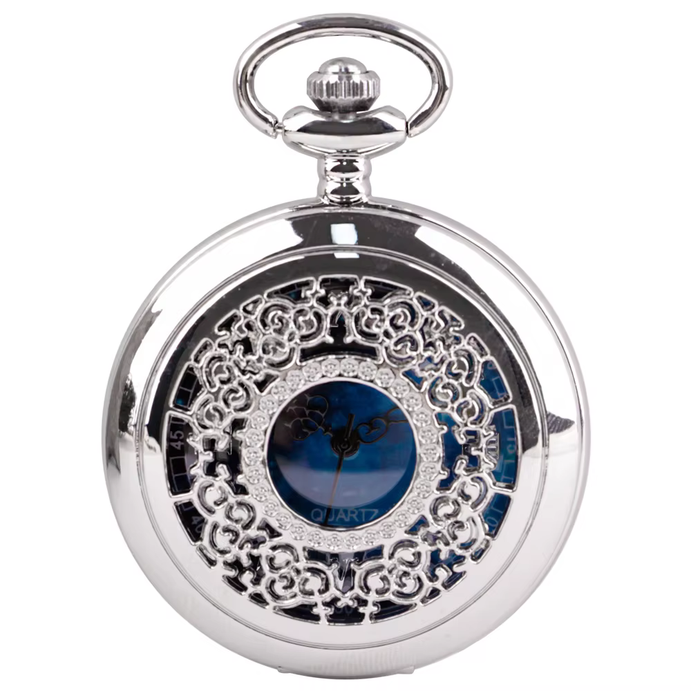 Exquise Starry Blue Dial Pendant Silver Hollow Case Quartz Pocket Watch Roman Numerals Retro Watches Souvenir Gift for Men Women